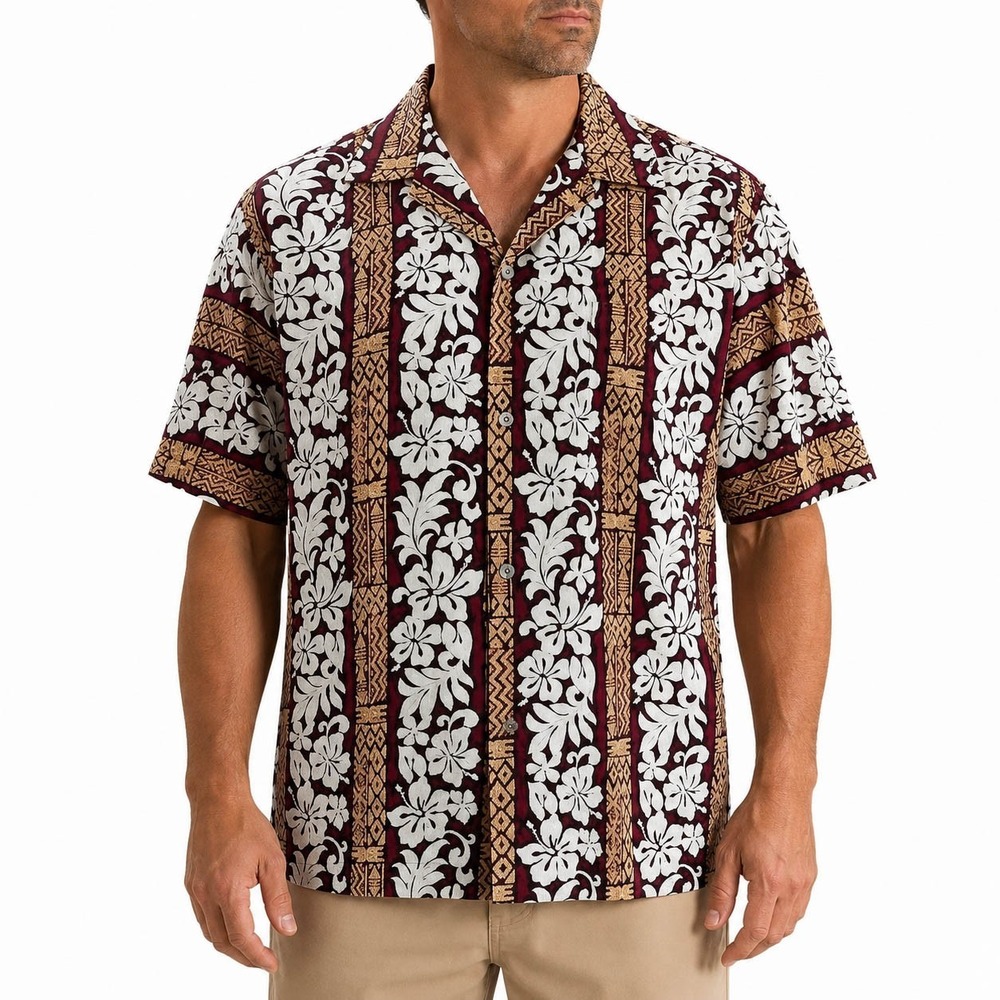 Winnie Fashion Hawaiian Aloha Shirt XL Hibiscus Floral Tribal Symbols Red Brown